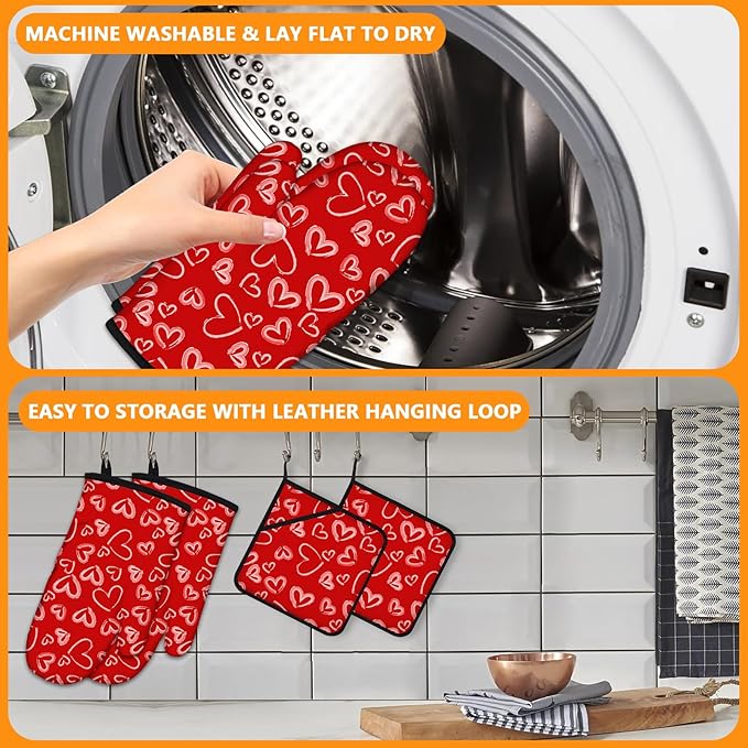 White Love Hearts Oven Mitts and Pot Holders Sets 4Pcs,Extra Long Oven Gloves Potholder for Kitchen Cooking Baking BBQ 100% Cotton Heat Resistant