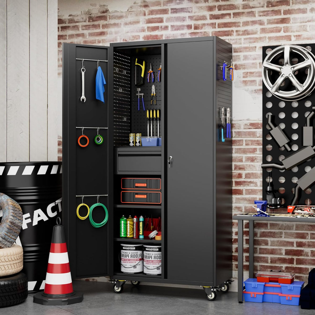 71" H Metal Garage Storage Cabinet with Locking Doors and 2 Adjustable Shelves, Rolling Tool Storage Cabinet with Wheels, Drawer, Pegboard and 16 Hooks for Garage, Warehouse, Black