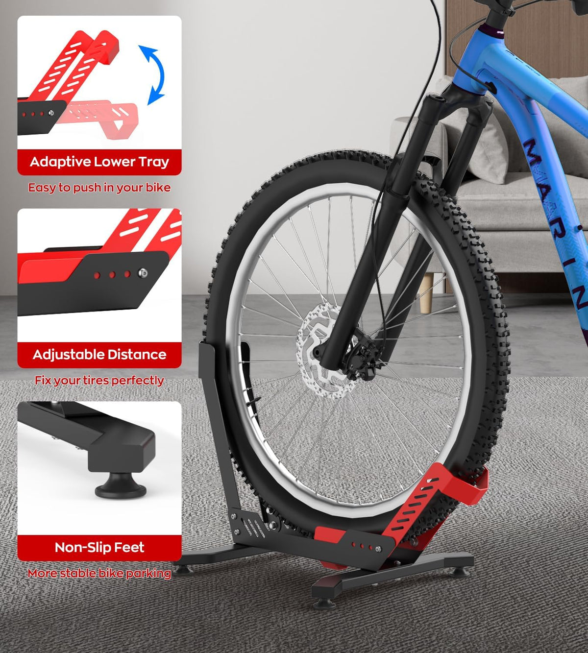 Bike Stand Floor, Portable Bike Rack for Garage 3.5" Wide Tire Indoor Bike Holder, Front and Rear Wheel Parking Rack Fit for 24"-29" Bike