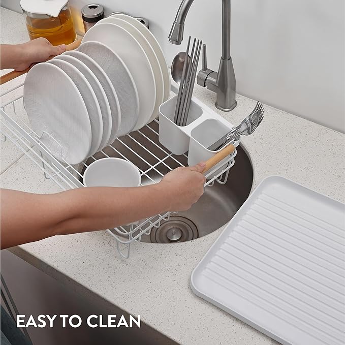 Navaris Dish Drainer Rack - Plate, Silverware, Pots and Pans - Dish Rack with Beechwood Handles - Metal Dish Drying Rack for Kitchen Counter - Modern Retro Design Dish Rack - White