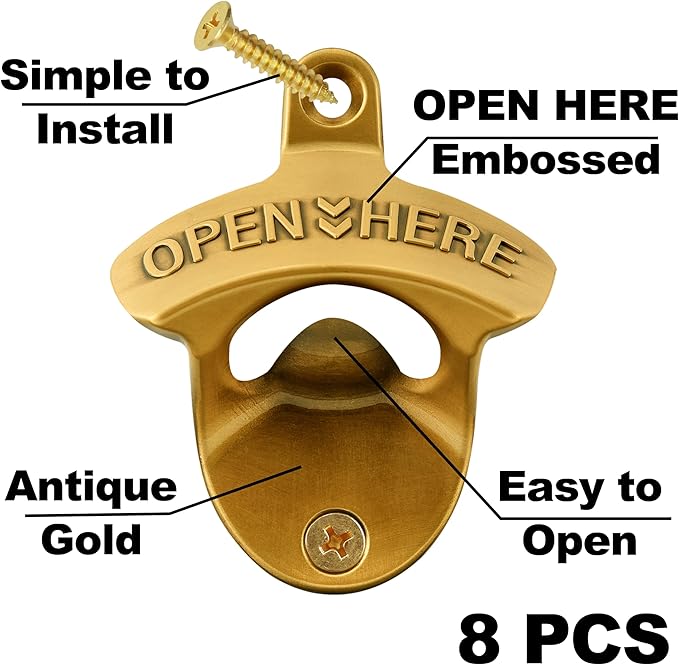 8 Packs Bulk Beer Opener Wall Mounted Vintage Gold Bottle Cap Opener for Gargae Kitchen Bar
