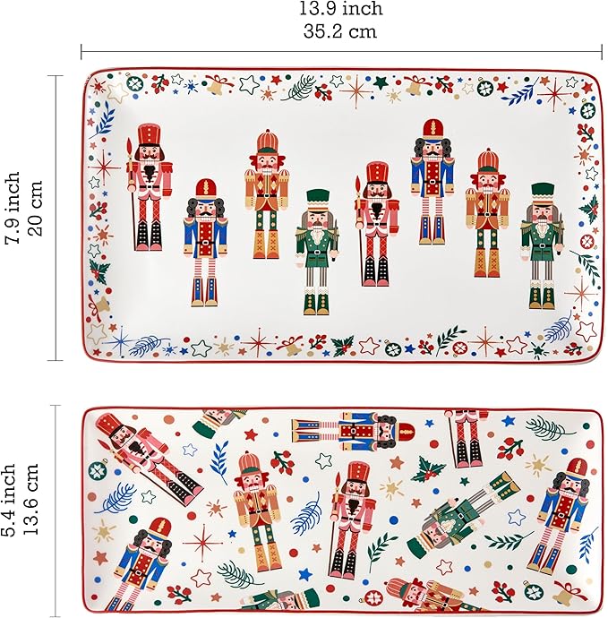 Bico Christmas Soldier Ceramic 14 inch Rectangular Serving Platter, Set of 2, for Serving Salad, Pasta, Cheese, Ham, Appetizer, Microwave & Dishwasher Safe