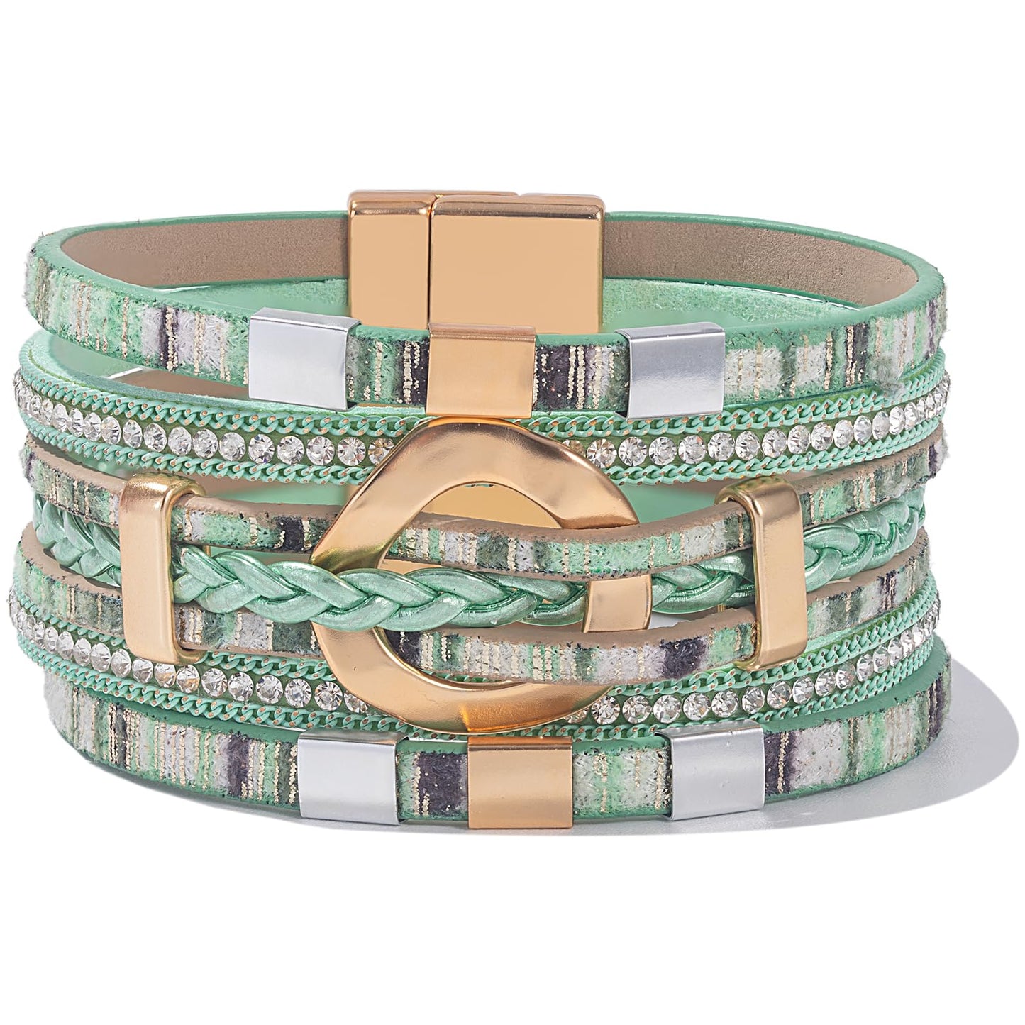 FANCY SHINY Boho Leather Wrap Bracelets Circle Square Bead Braided Handmade Stackable Bracelet Trendy Cuff Bangle for Women(Boho Green)