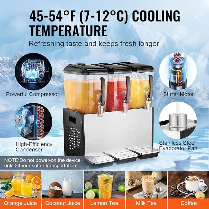 VEVOR Commercial Beverage Dispenser, 3 Tanks 12 L / 12.7 QT Per Tank Juice Dispenser, 370W Stainless Steel Ice Tea Drink Machine with 45°F-54°F Cooling Temperature, for Cold Drink Restaurant Bar Party