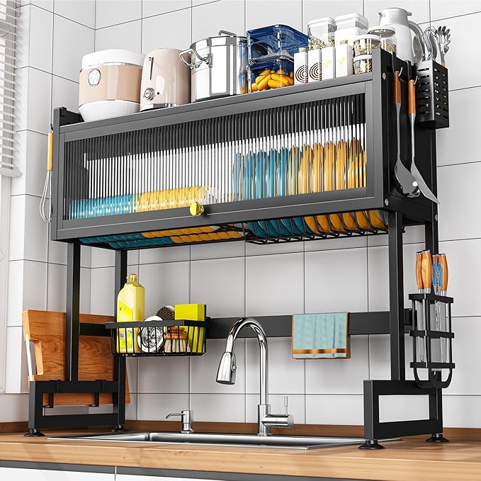 SNSLXH  2-Tier Over The Sink Dish Drying Rack, 33.66"×31.1"×11.81", Large Sink Rack for Kitchen, Saving Kitchen Space, Cover Design Holds Dishes, Bowls, and Cutlery, Kitchen Sink Shelf