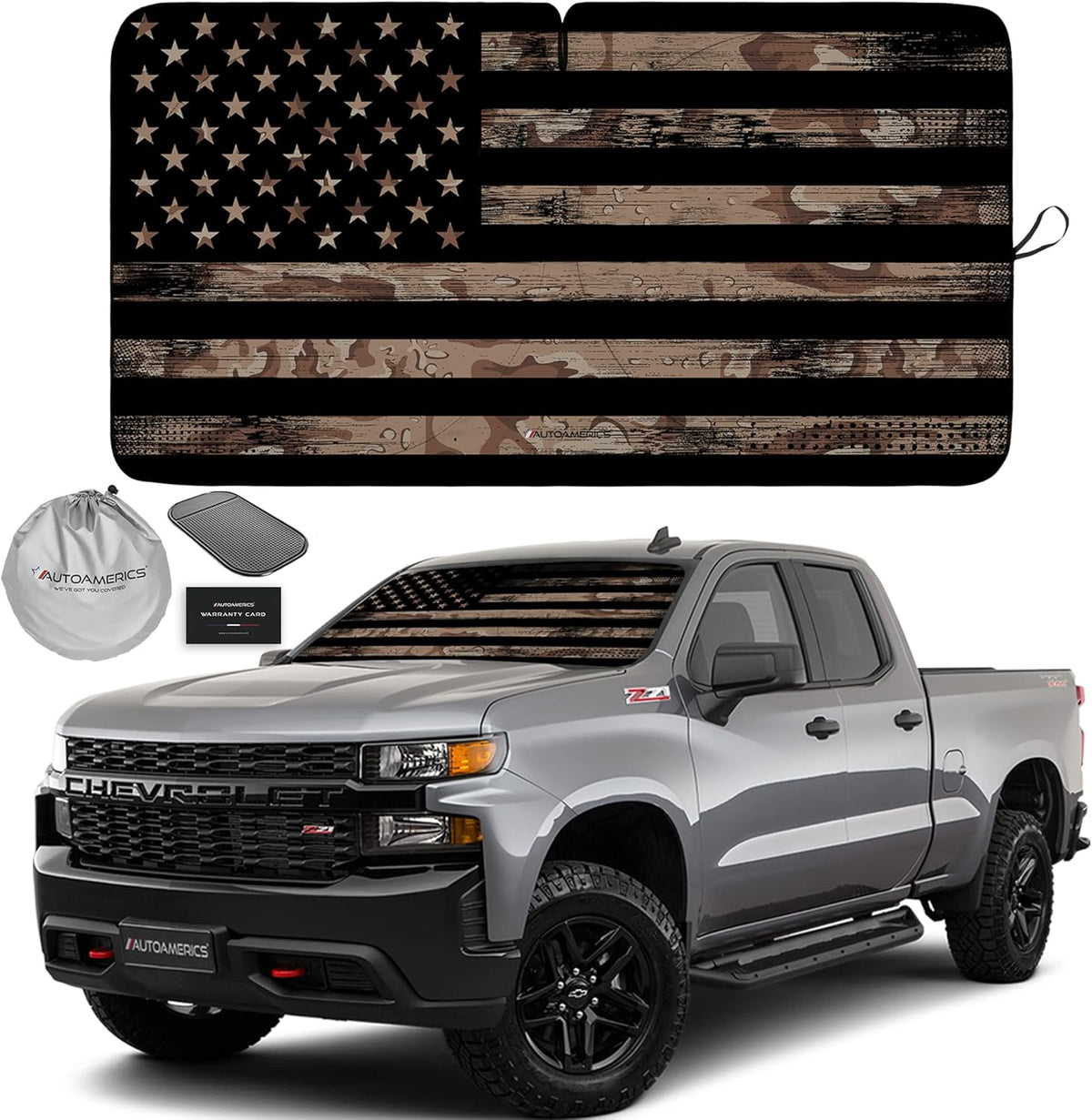 Autoamerics 1-Piece Windshield Sun Shade Brown Camo American Flag USA Design - Foldable Car Front Window Sunshade for Most Sedans SUV Truck - Blocks Max UV Rays and Keeps Your Vehicle Cool - Large