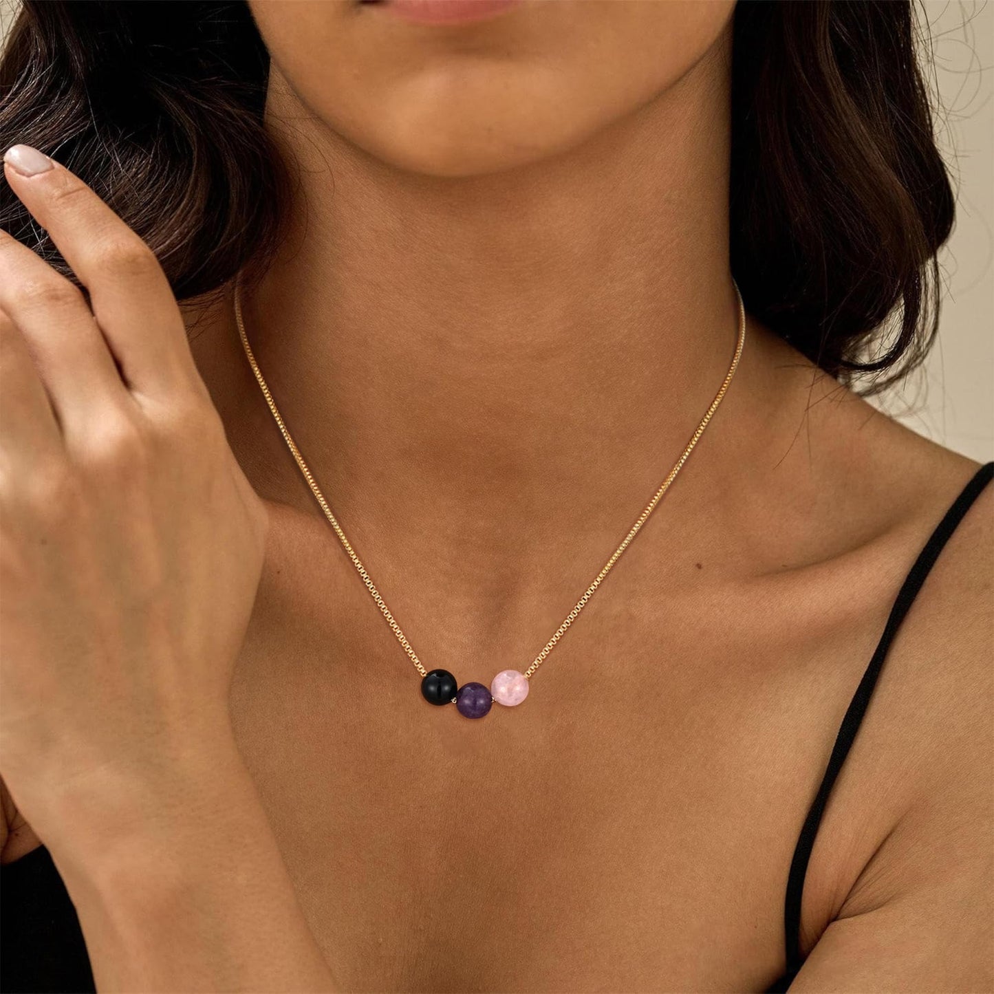 Suarlly Healing Crystal Necklace for Women 14k Plated Gold Beaded Necklace Anxiety Relief Empath Protection Amethyst Gifts for Friends Sister Mom Daughter Jewelry