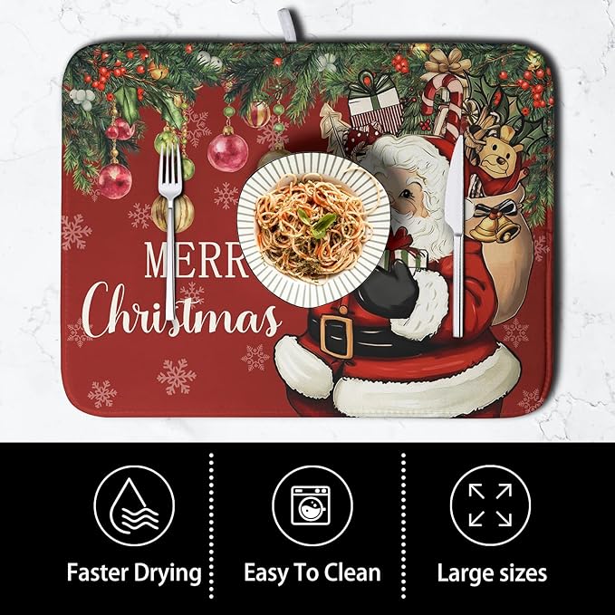 Merry Christmas Dish Drying Mat Santa Claus Kitchen Drainer Mats Microfiber Absorbent Winter Xmas Holiday Dishes Pad Reusable Dish Rack Mat for Countertop Tableware Decor 18x24 Inch