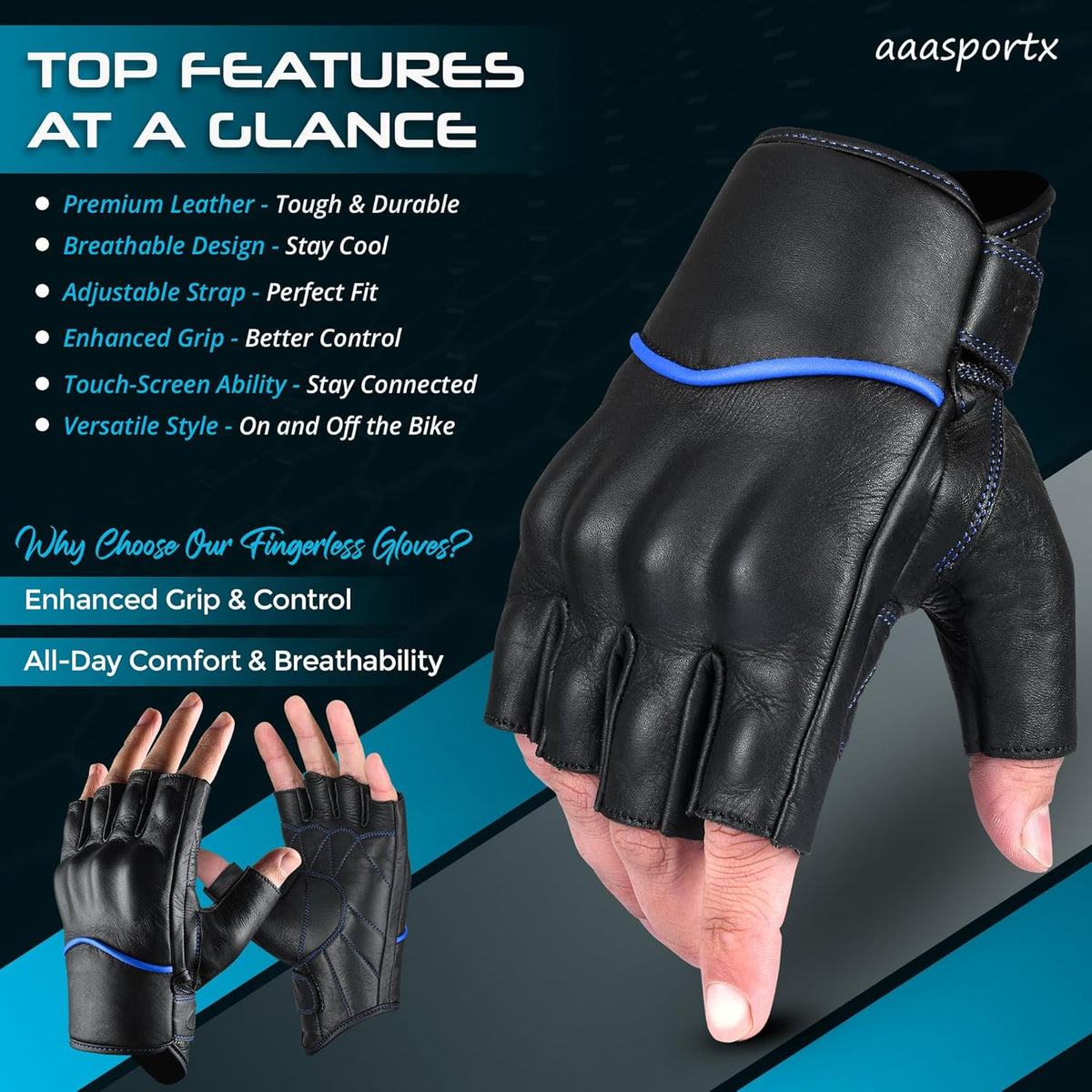 aasportx Motorcycle Gloves - Men's Leather Motorbike Gloves with Touchscreen Function - Non-Slip Pads for Men & Women