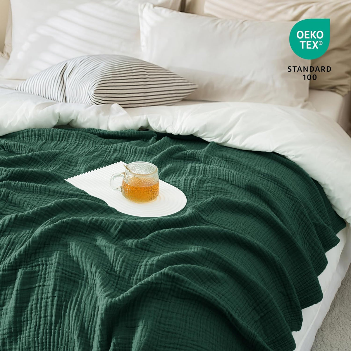 Carriediosa 100% Cotton Muslin Throw Blanket 108" X 90" King Size，4-Layers Summer Gauze Throws for Bed Couch，Soft Lightweight Breathable Linen Blankets Bedspread for Adults All Season，Dark Green