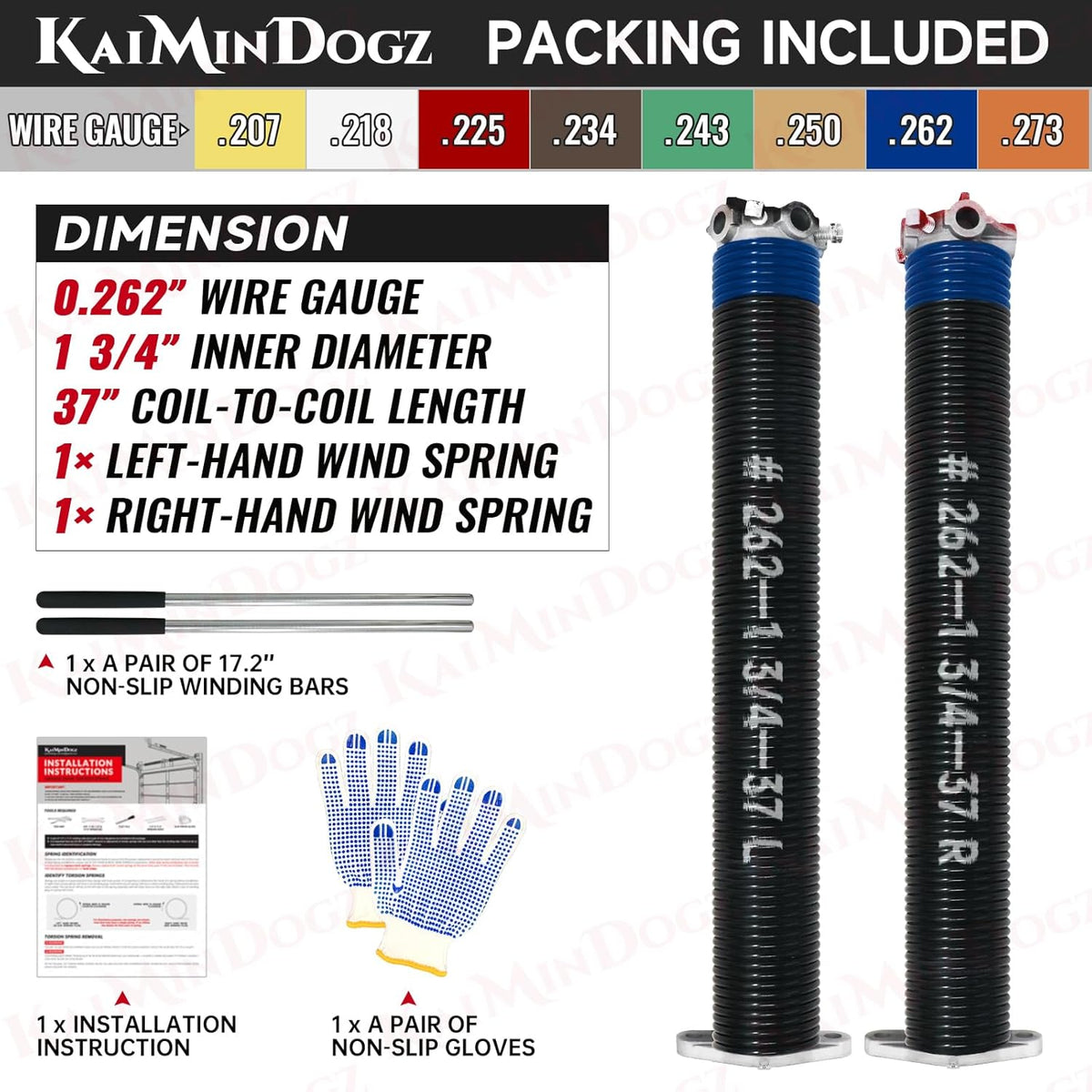 Pair of 1.75" Garage Door Torsion Springs Set with Non-Slip Winding Bars&Gloves, High Precision Electrophoresis Oil-Free Black Coated for Replacement, MIN 16,000 Cycles (0.262 x 1.75"x 37")