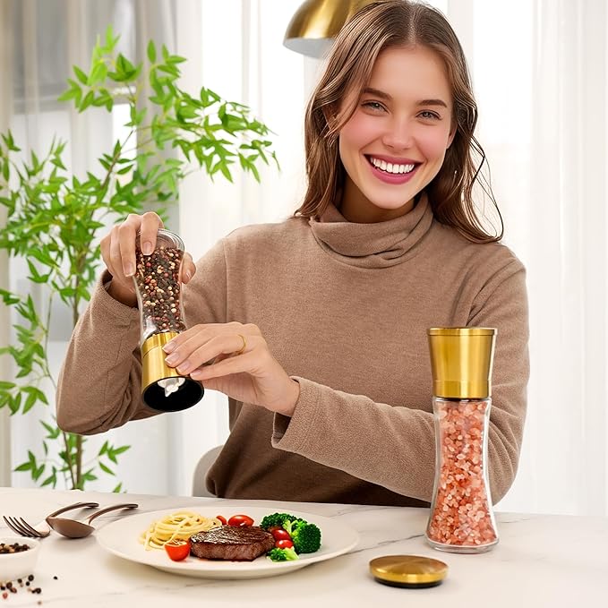 VEVOK CHEF Gold Salt and Pepper Grinder Mill Set Stainless Steel Pepper Shaker Adjustable Ceramic Coarseness Salt Grinder Black Pepper Spice Grinder Mill