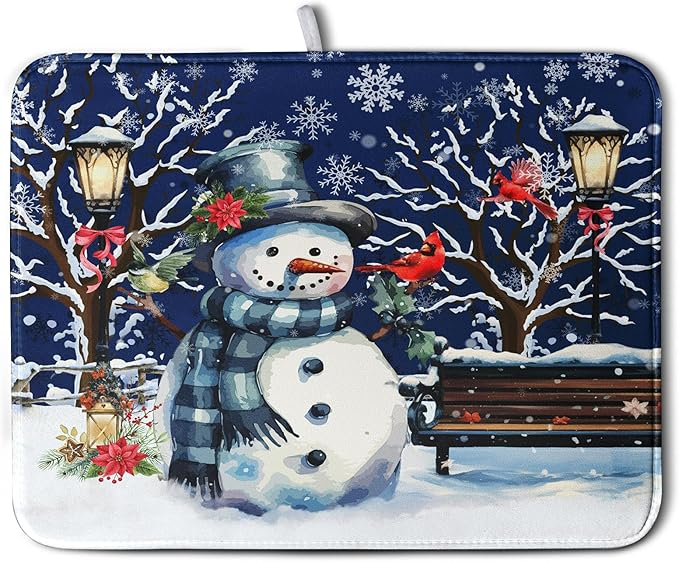 Winter Snowman Dish Drying Mat for Kitchen Counter 18x24, Xmas Snowflakes Dish Drainer Mat Snowy Night Drying Kitchen Mats Cardinal Birld Dish Pad Absorbent Reversible Coffee Mats for Dishes