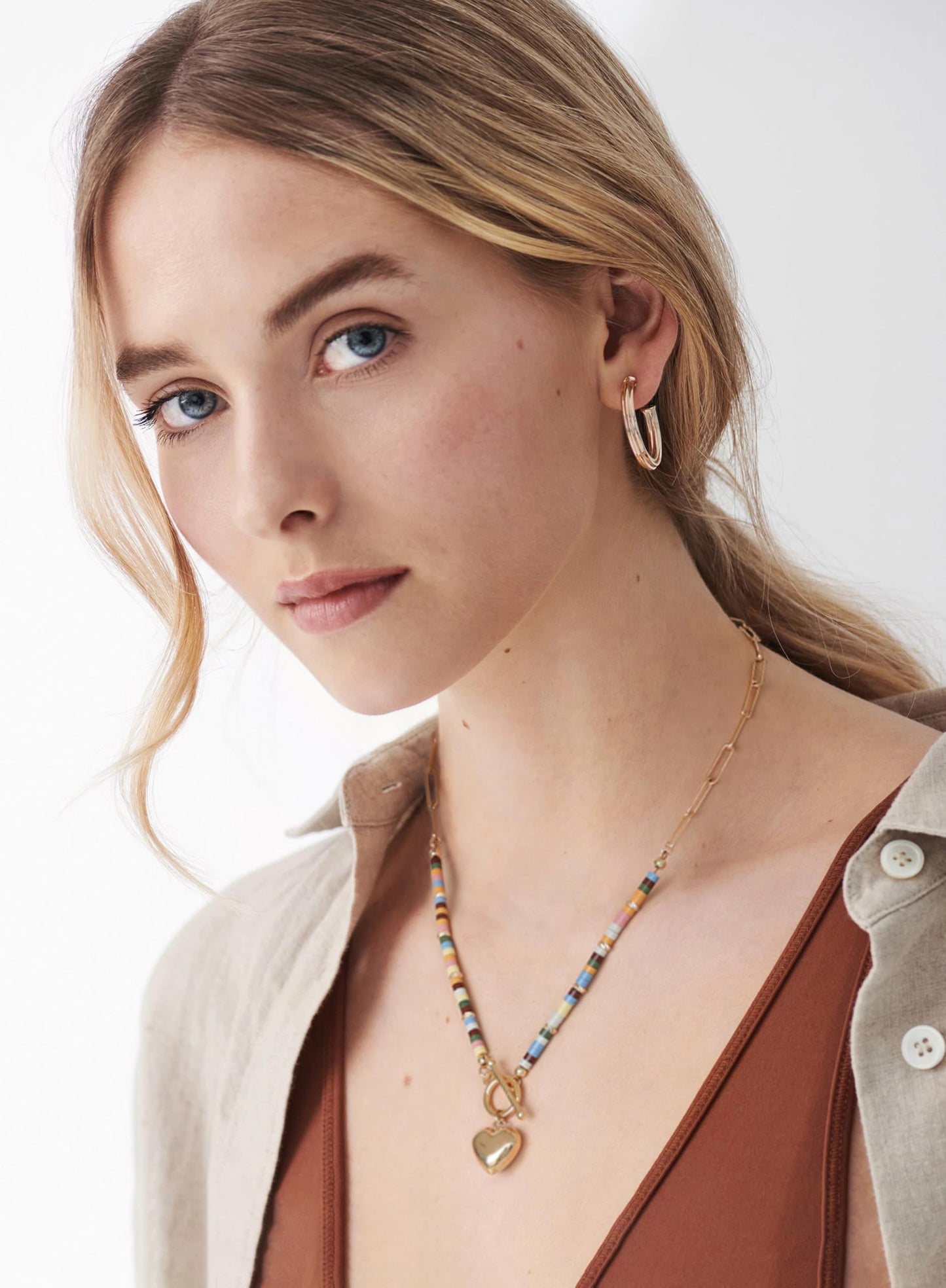 PEARLADA Dainty Gold Plated Heart Pendant Necklace, Colorful Beads Mix Paperclip Chain Necklace, Statement Trendy y2k Jewelry