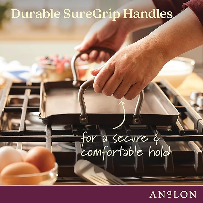 Anolon Advanced Home Hard Anodized Nonstick Double Burner Griddle/Grill Pan with Roasting Rack, 10 Inch x 18 Inch, Bronze