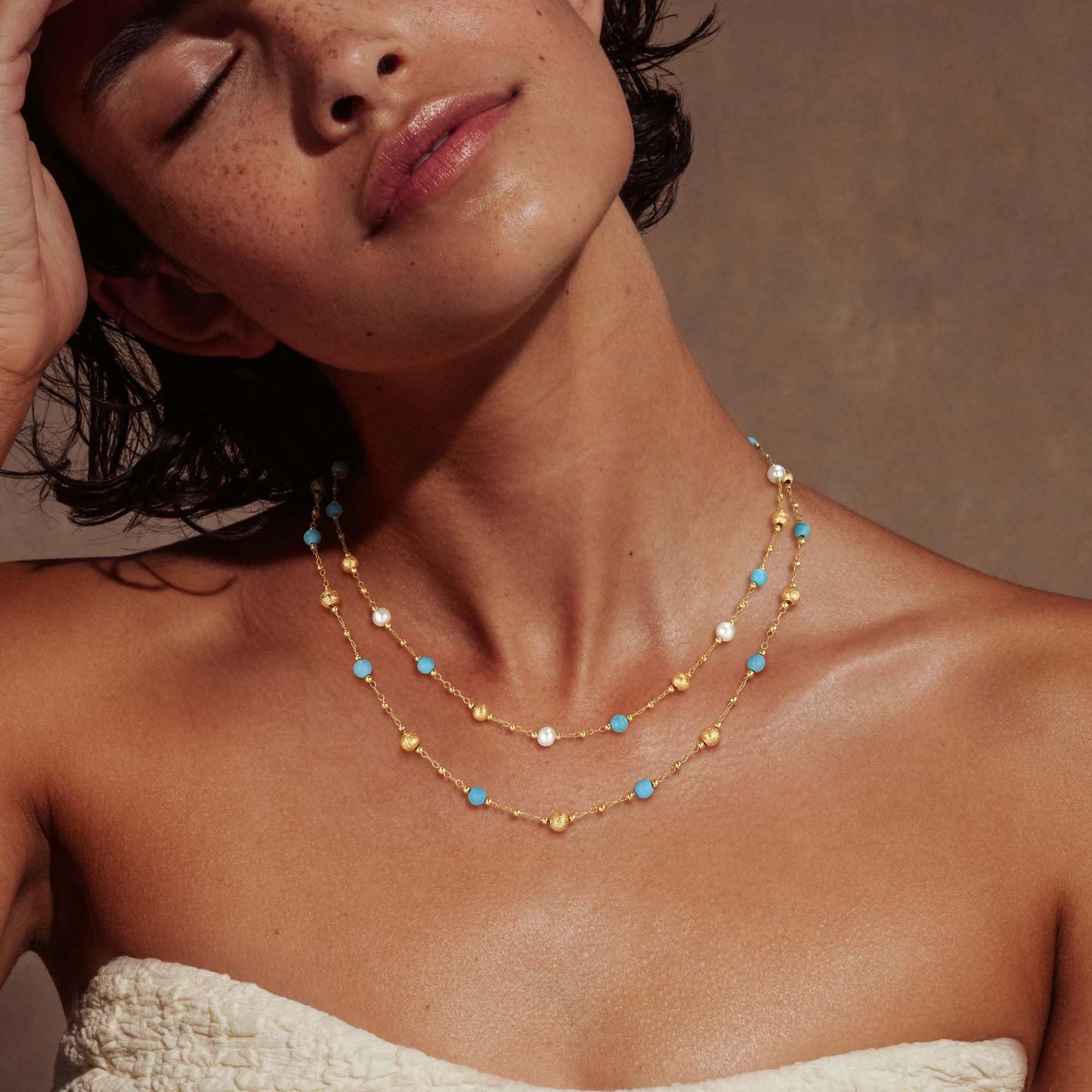MTMY Beaded Necklaces for Women 14K Gold Plated Dainty Colorful Green/Rose Beaded Pearl Choker Necklace Delicate Boho Choker Necklace Jewelry Gift (turquoise ball)