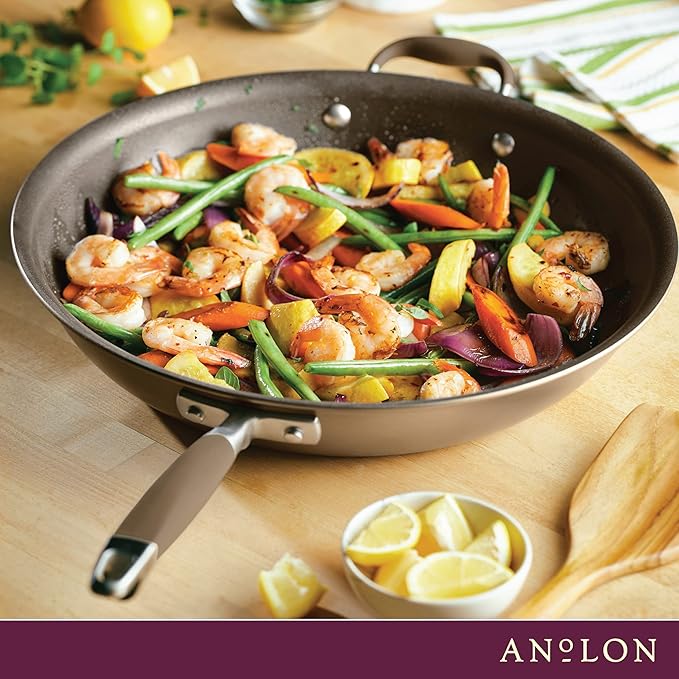 Anolon Advanced Home Hard Anodized Nonstick Frying Pan, 14.5 Inch – Large Skillet with Helper Handle, 14 Inch Nonstick Frying Pan, Durable Cookware - Bronze
