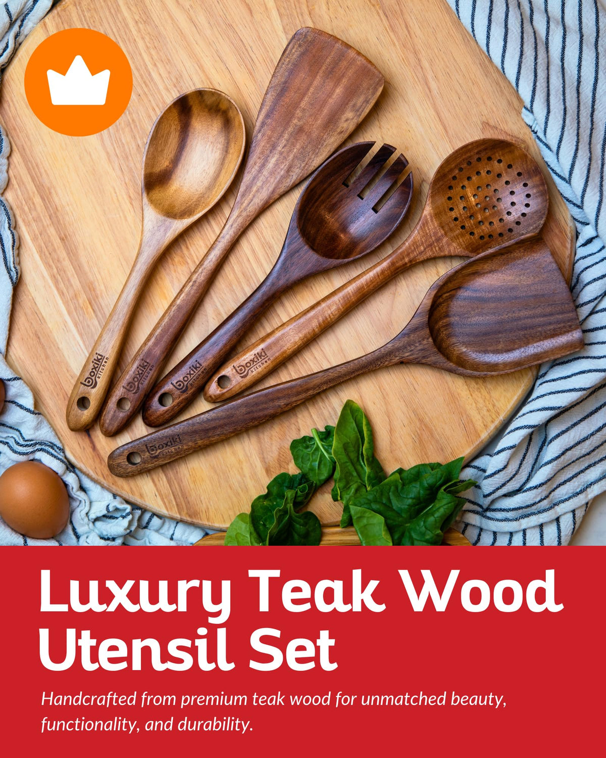 Boxiki Kitchen Luxury Teak Wood Utensil Set - Elegant 6-Piece Cooking Ensemble Including Spoons, Server, Scraper & Spatula - Expertly Crafted for Culinary Excellence