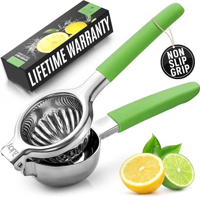 Zulay Kitchen Lemon Squeezer Stainless Steel with Premium Heavy Duty Solid Metal Squeezer Bowl and Food Grade Silicone Handle - Large Manual Citrus Press Juicer and SS Lime Squeezer (Light Green)