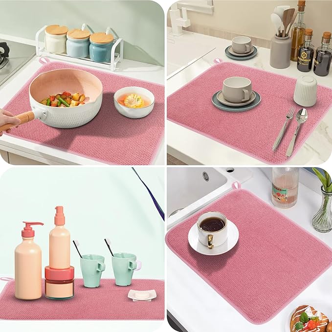 GeeRic Microfiber Dish Drying Mat, Super Absorbent Kitchen Dish Drying Pad for Mother's Day, Reversible Gift Mats for Countertop, 15 * 20 inch Pink