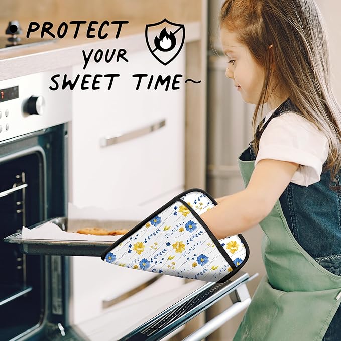 Blue and Yellow Floral Oven Mitts Set, Blue Flower Floral Heat Resistant Kitchen Oven Gloves for Baking and Cooking,Pot Holders