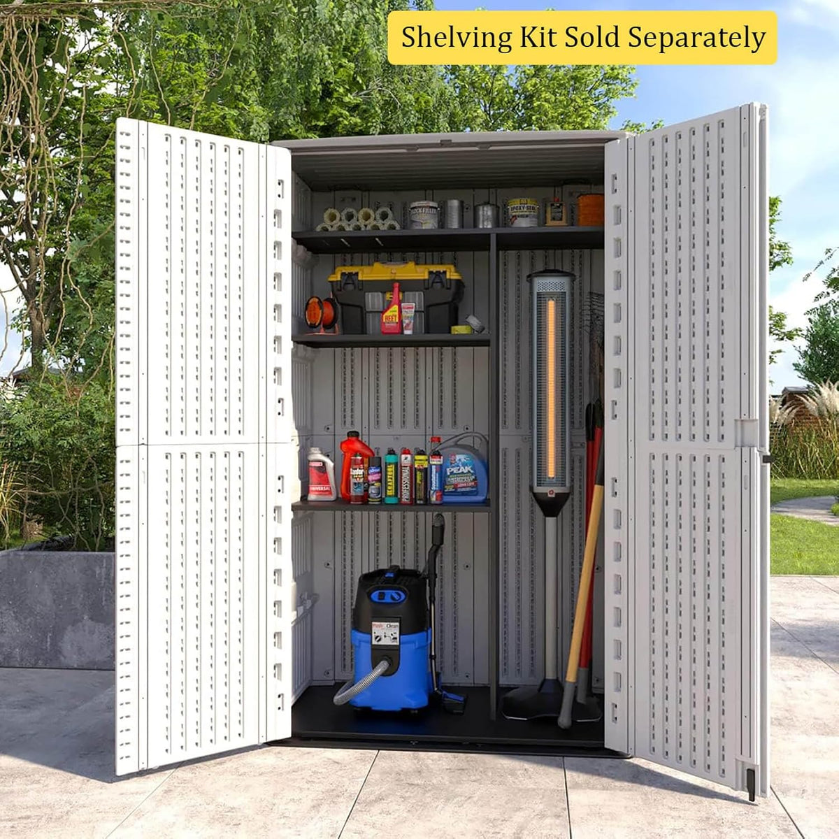 HOMSPARK Storage Shed Weather Resistance, Multi-Purpose Outdoor Storage Cabinet Waterproof, Outdoor Storage Cabinet for Garbage Cans, Lawnmower, Garden Accessories (Off White, Tall shed-53 cu ft)