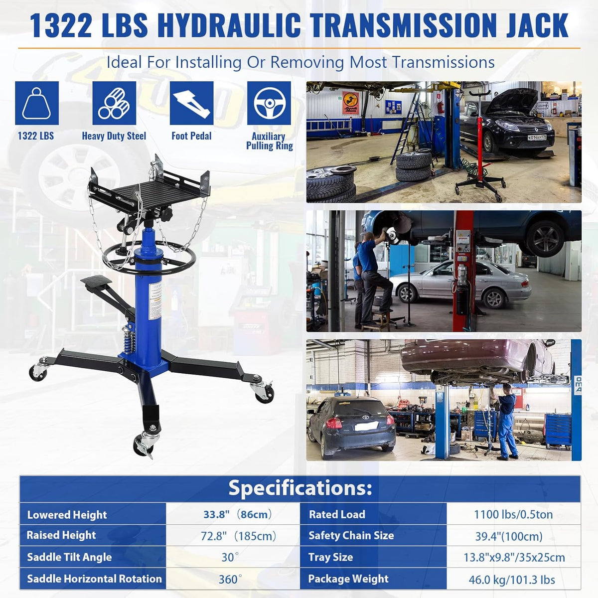 Transmission Jack with 2 Stage Hydraulic Ram, 1322 LBS Hydraulic Telescoping Transmission Jack with Foot Pedal & 360° Swivel Wheels, Heavy-Duty Garage/Workshop Jacks for Car/Truck Repairs, Blue