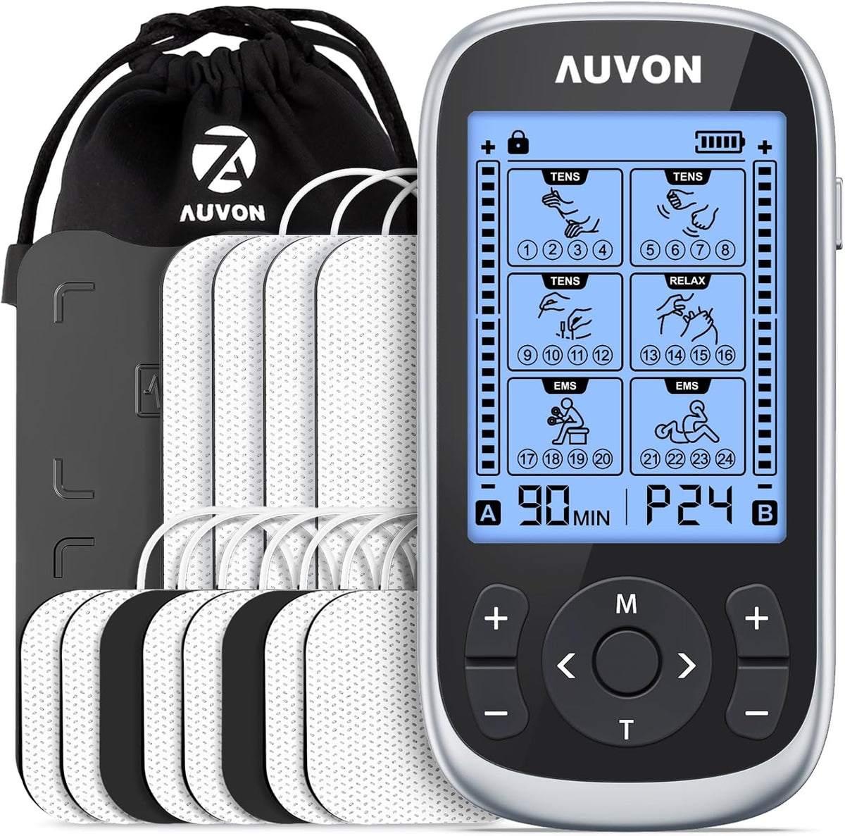AUVON 3-in-1 TENS Unit Muscle Stimulator, EMS Massage Machine with 40 Intensities for Gradual Shoulder, Sciatica, Back Pain Relief, 24 Modes Rechargeable Electronic Pulse Massager with 12 TENS Pads