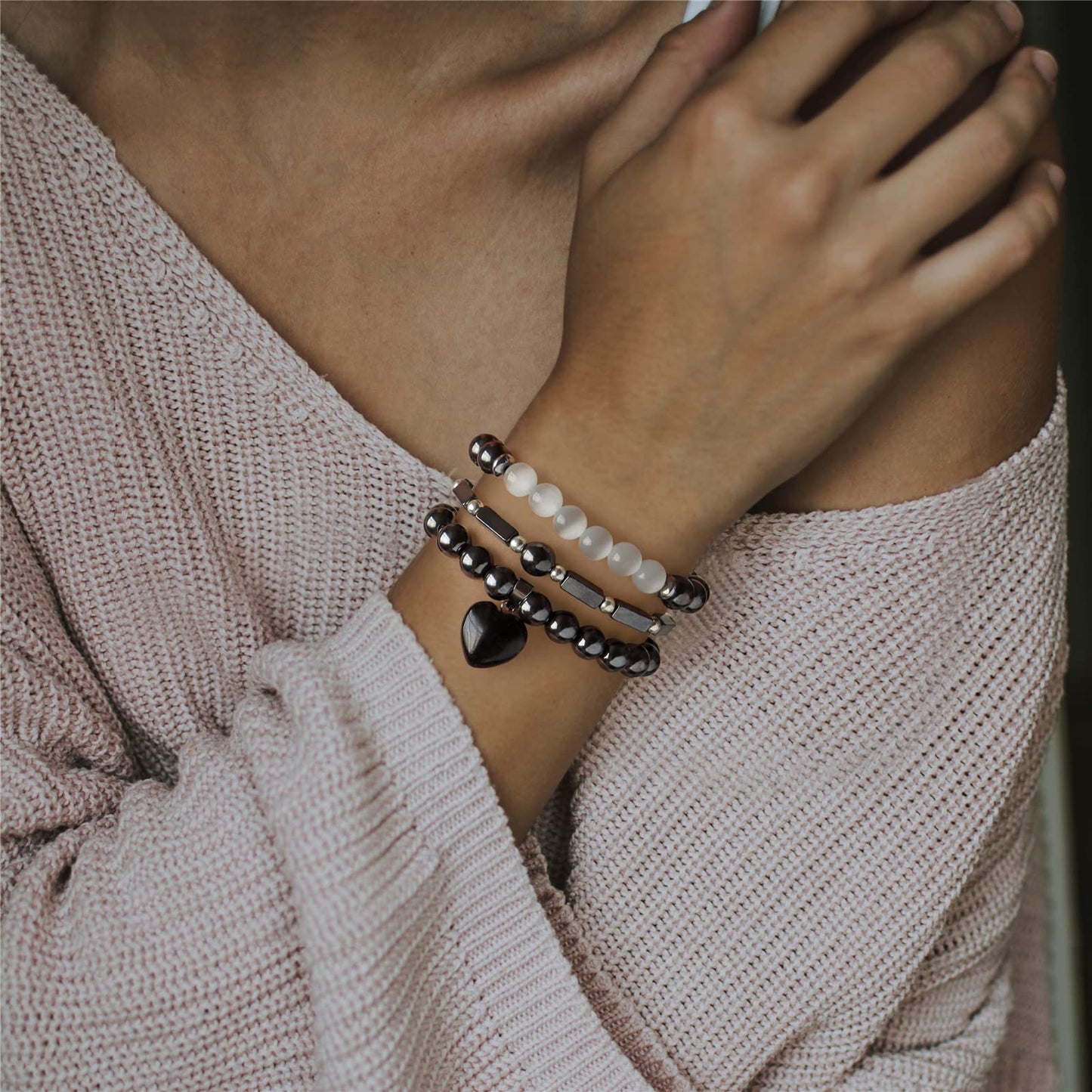 Vinswet Healing Crystal Beaded Bracelets for Women,Natural Hematite Moonstone Gemstones Bracelet,Anxiety Stress Relief Heart Charm Bracelet Handmade Black Jewelry Gifts for Women (3pcs)