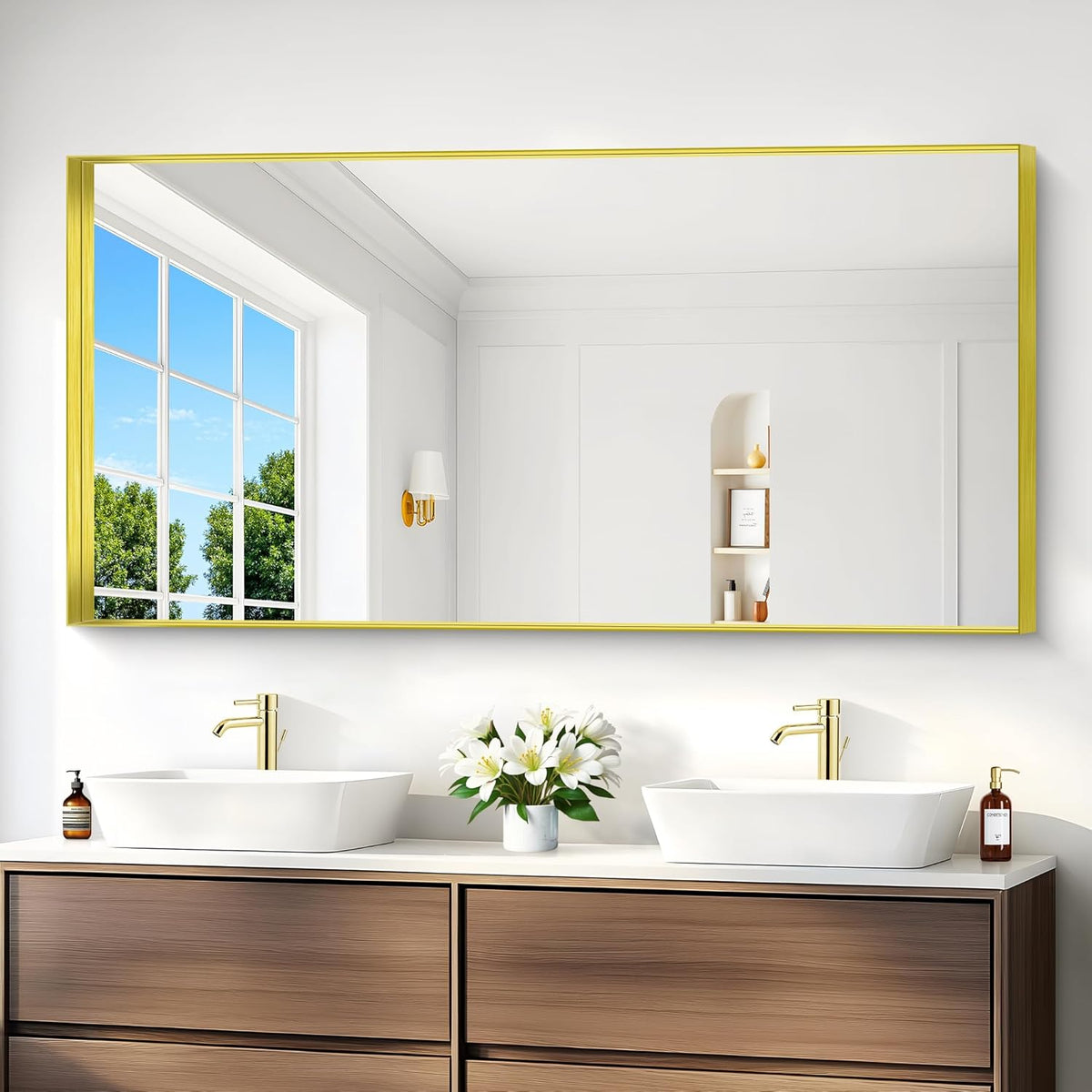 Gold Bathroom Mirror, 30x60 Inch Rectangular Deep Frame Mirror, Large Wall Mounted Bathroom Vanity Mirror Over Sink for Bedroom,Restroom, Living Room, Hangs Vertically or Horizontally