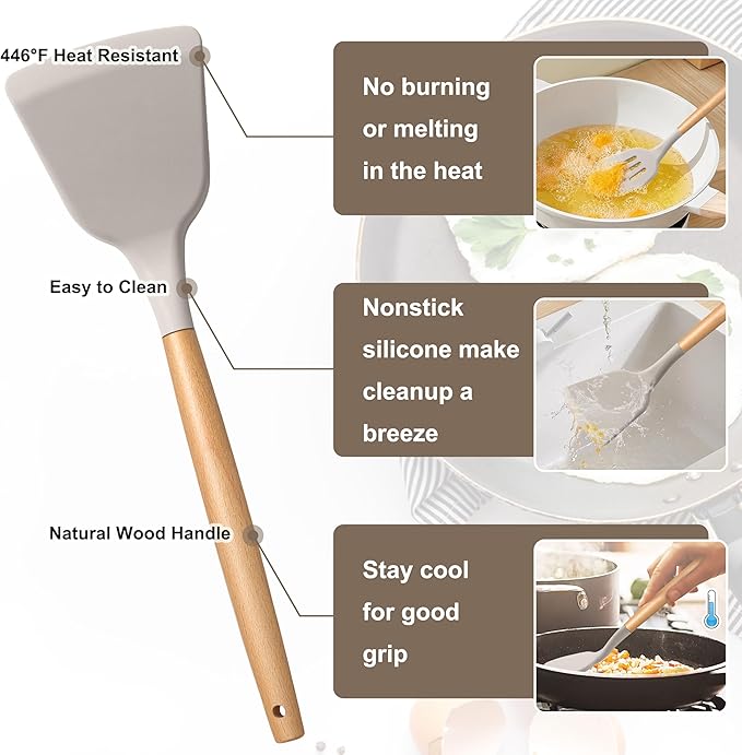 E-far Silicone Cooking Utensils Set, 10-Piece Heat Resistant Kitchen Utensils Set with Wooden Handle for Nonstick Cookware, Kitchen Nonstick Tools Spatula Whisk Tongs Ladle, Non-toxic & Healthy(Khaki)