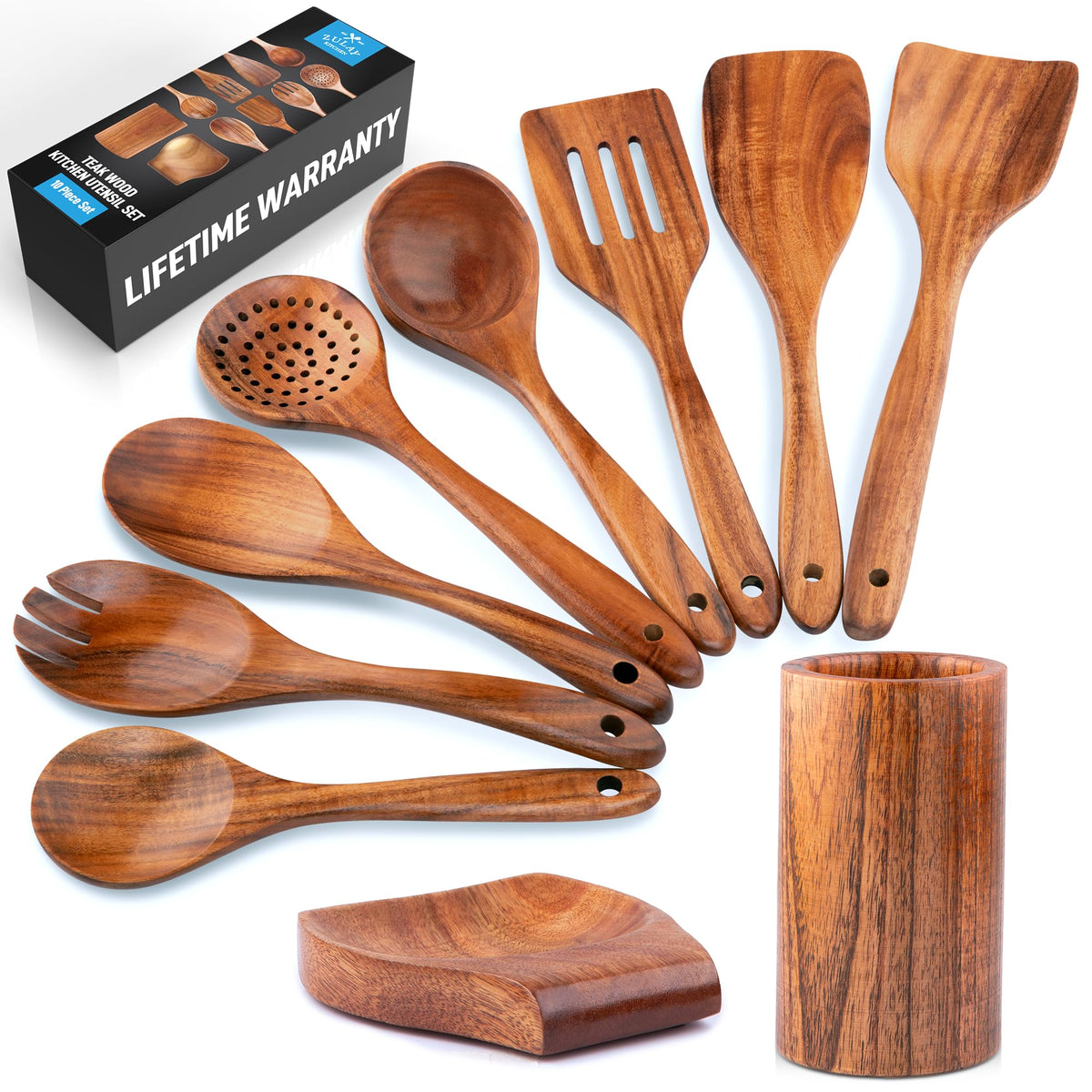 Zulay Kitchen 10-Piece Wooden Spoons for Cooking - Smooth Finish Teak Wooden Utensils for Cooking - Soft Comfort-Grip Wood Spoons for Cooking - Non-Stick Wooden Cooking Utensils - Wooden Spoon Sets