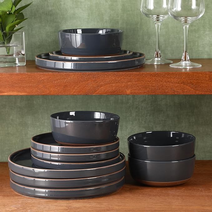Gibson Elite Northrock Stoneware Dinnerware Set, 16-Piece Service for 4 Plates and Bowls Set – Charcoal Blue Dishes with Hand-Painted Terracotta Base