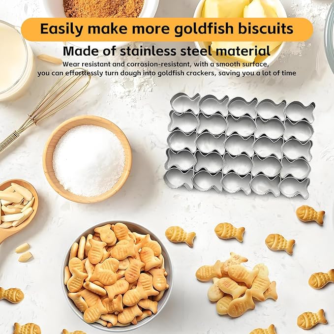 GoldFish Cracker Cutter, 25 Cavity Mini Cookie Cutters with Cleaning Brush, Goldfish Mold Stainless Steel Fish Shaped for Non-Stick Dough DIY Cookie Mold