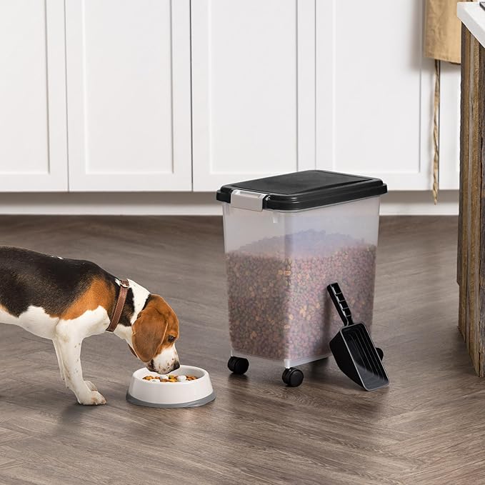 IRIS USA Airtight Dog Food Storage Container with 2-Cup Scoop and Slow Feeder Bowl Combo, Up to 30 lbs Pet Food Bin with Attachable Wheels, Anti-Slip Short Snouted Bowl, Easy to Clean, BPA Free, Black