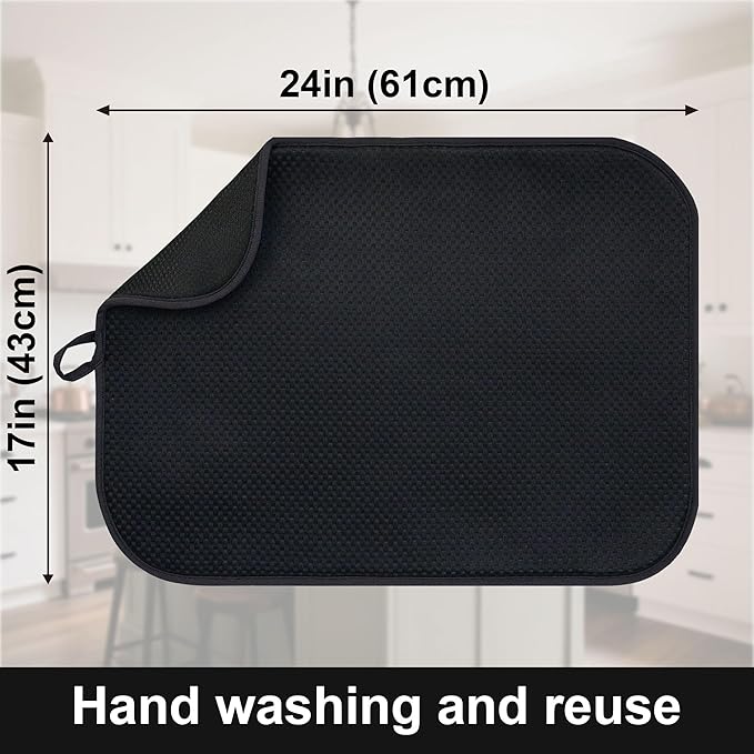 Black Dish Drying Mat XXL 17”x24” – Absorbent Kitchen Drying Mat for Kitchen Counter, Dish Rack Mat, Utensils, Pots & Pans – Dish Drying Pad, Drainer Mat, Dish Mats for Drying Dishes