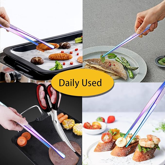 JETKONG 2 Pcs 12-Inch Culinary Tweezers Food Tweezers Kitchen Tweezer Tongs for Cooking (Rainbow)