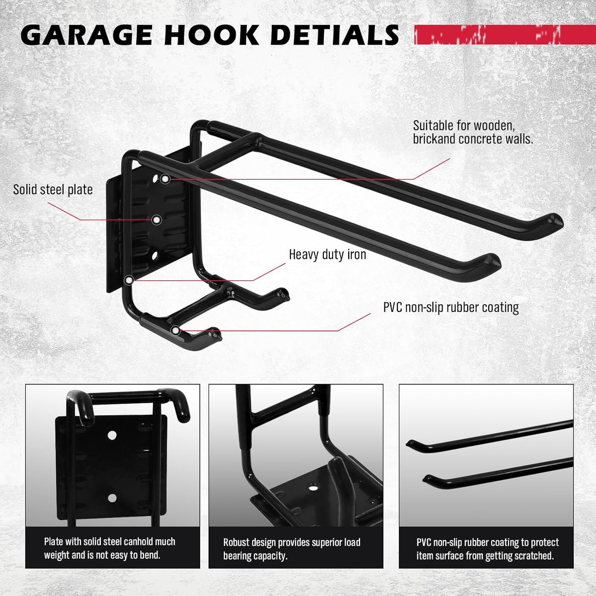 4-Piece 9.4" Heavy Duty Garage Hooks, Sturdy Utility Hooks Holds 55 LB Wall Mount Garden Tool Organizer Hangers for Hanging Shovel Ladder Chairs Strollers Power Tool Tire and More (Black)