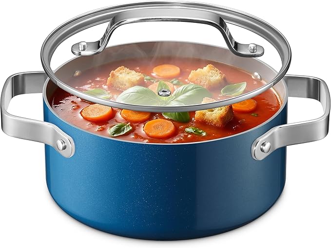 Bakken 3 Quart Ceramic Coated Stock Pot with Lid, Easy to Clean Nonstick Pot, Tempered Glass Lid, Riveted Stainless Steel Handles, Oven Safe Up To 500°F, PTFE & PFAS Free, All Stove Compatible, Blue