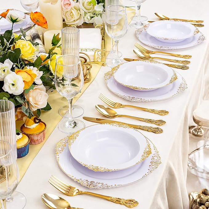 100PCS Gold Plastic Bowls - 12 oz White Disposable Salad Bowls - Heavy Duty Soup Serving Bowl - Fancy Plastic Ice Cream Bowl for Christmas,Thanksgiving Parties, Dinners, Catering, Picnics