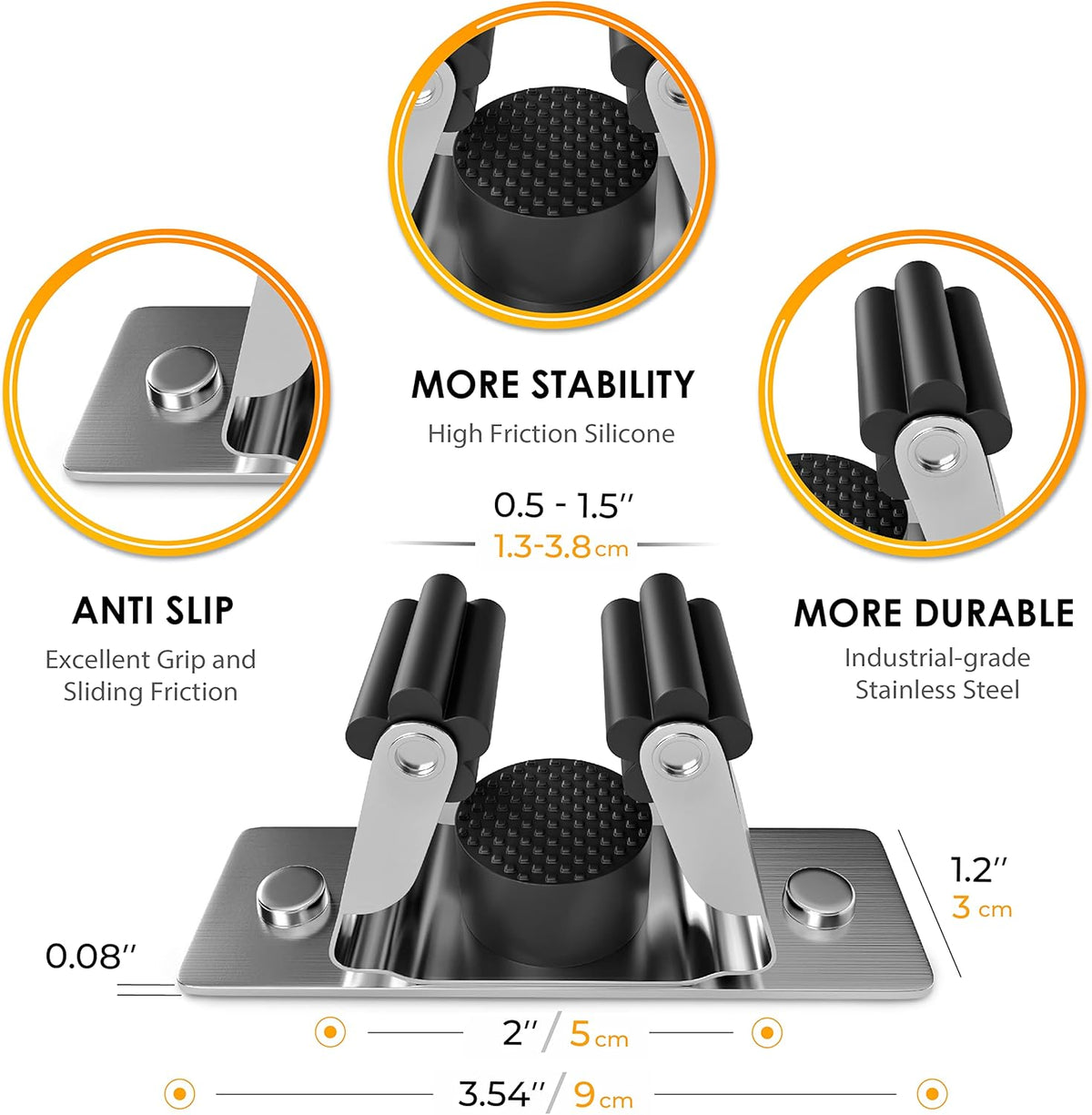 Self Adhesive Broom and Mop Holder Wall Mounted – SUS304 Stainless Steel 2-Slot Organizer with Anti-Slip Rubber Grips, 25lb Load, Adjustable for 0.6–1.4" Handles, Garage Kitchen Bathroom Use, 6 Pcs