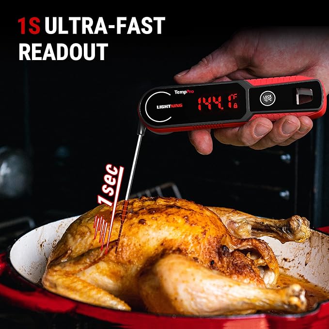 TempPro Lightning 1-Sec Instant Read Meat Thermometer, Kitchen Food Thermometer with 180° Rotating Display, IP67 Waterproof Cooking Thermometer for Deep Fry Smoker BBQ Grill (Previously ThermoPro)