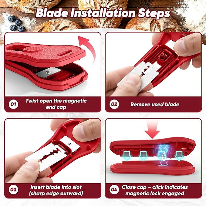 24SHEN Bread Lame, Sourdough Scoring Tool with Extractable & Magnetic, Sour Dough Tools Sourdough Cutter for Homemade Bread Making, Scoring Knife Include 5 Razor Blades-Red