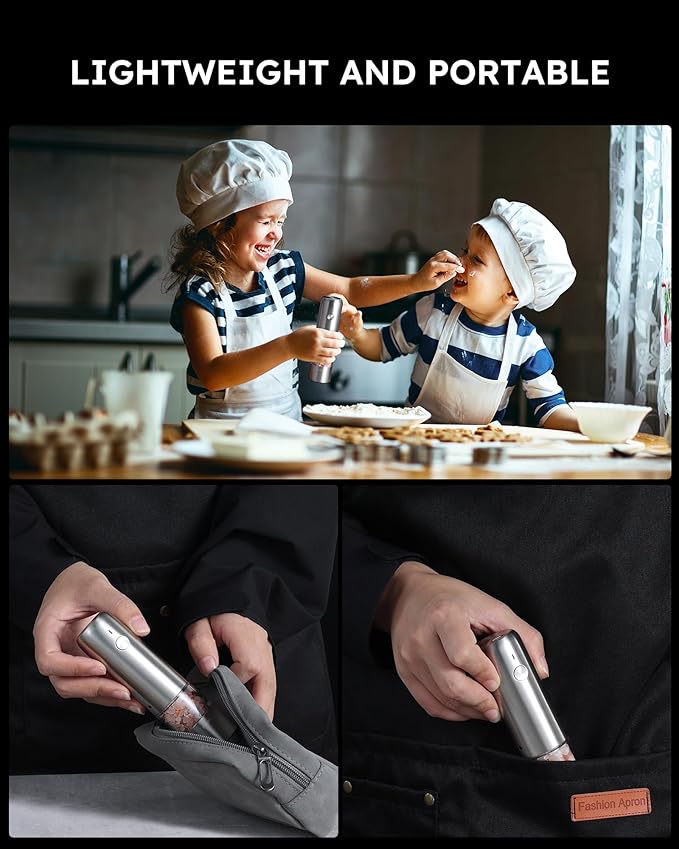 FORLIM Mini Electric Salt and Pepper Grinder Set with Wood Base, USB Rechargeable, Small Automatic Salt Pepper Mill Grinder, Travel/Outdoor BBQ/Children, One-Button Control (2 Packs, Stainless Steel)