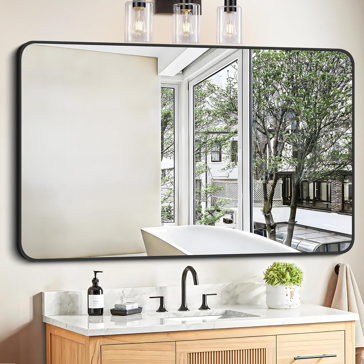 FORBATH Black Bathroom Mirror, Rectangular Vanity Mirror 30 x 48 Inch Wall Rounded Corner Metal Framed Bathroom Mirror for Living Room Bedroom Entryway Decor (Horizontal/Vertical)