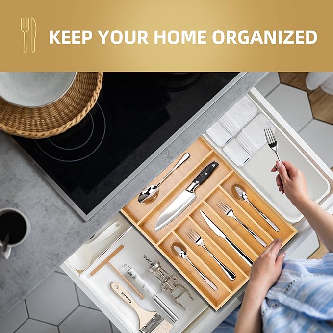 Besilord Silverware Organizer Kitchen Drawer Organizer Utensil Organizer Bamboo Silverware Holder Cutlery Organizer in Drawer Flatware Organizer Tray(7 slots, Natural