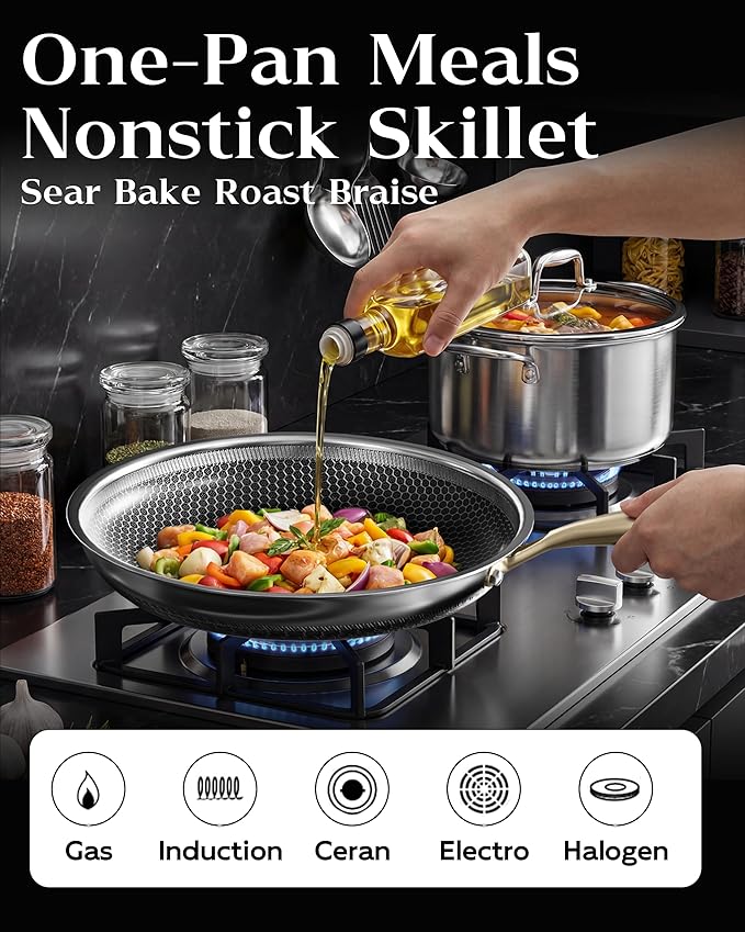 Nonstick Frying Pan with Lid 10-Inch, Durable Stainless Steel Skillet, Induction Cooktop Compatible, PFOA-Free Scratch-Proof, Dishwasher & Oven Safe, Stay-Cool Handle, Silver Kitchen Cookware