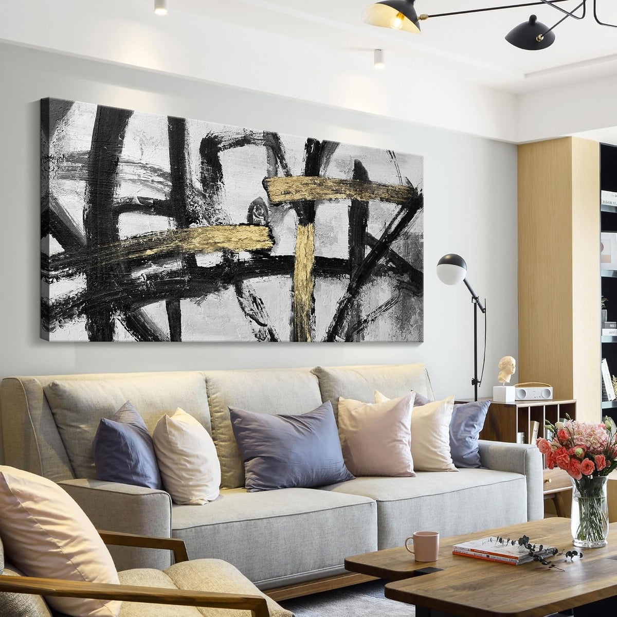 Large Black and White Wall Art, Modern Paintings Gold Abstract Graffiti Canvas Artwork Wall Pictures for Living Room Bedroom Dining Room Home Office Decor 24x48 In