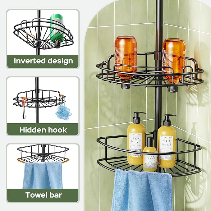 HAMITOR Corner Shower Caddy Tension Pole: 4-Tier Rust-Resistant Adjustable Bathroom Organizer Shelves - 47-121 Inch No-Drill Quick Installation - Space-Saving Storage for Renters Families - Black