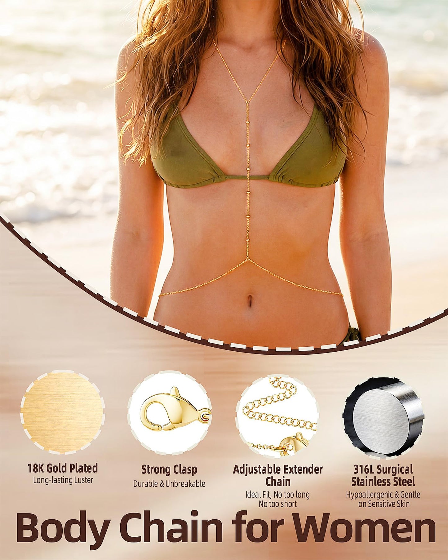 Gold Body Chain Jewelry for Women Fashion: Belly Waist Chain Bra Waterproof for Stomach Belt Hip Chest Beach Bikini Plus Size Hypoallergenic Surgical Stainless Steel 18K Gold - Beaded